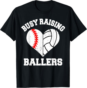 Busy Raising Ballers Baseball Volleyball Heart Mom Game Day T-Shirt - T-Shirt | Black