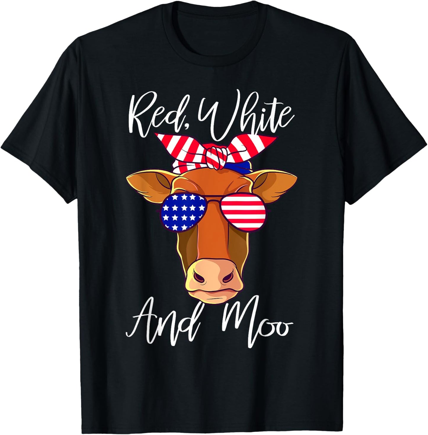 Red White and Moo Patriotic Cow USA Flag Funny 4th of July Girls Kids Men T-Shirt - T-Shirt | Black