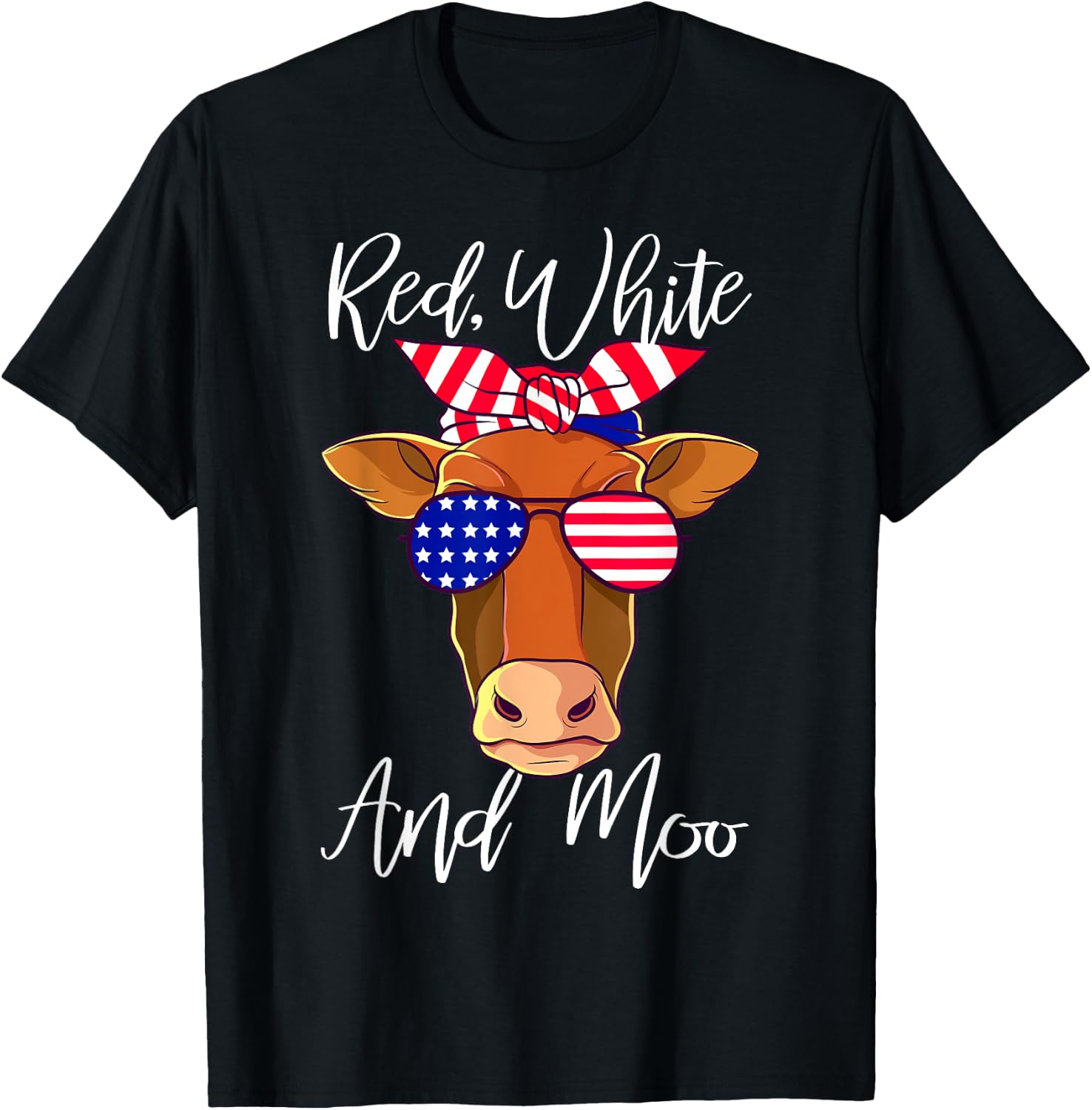 Red White and Moo Patriotic Cow USA Flag Funny 4th of July Girls Kids Men T-Shirt - T-Shirt | Black