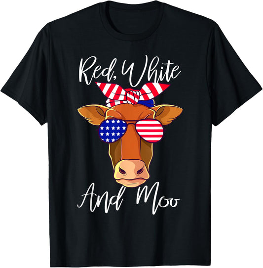 Red White and Moo Patriotic Cow USA Flag Funny 4th of July Girls Kids Men T-Shirt - T-Shirt | Black