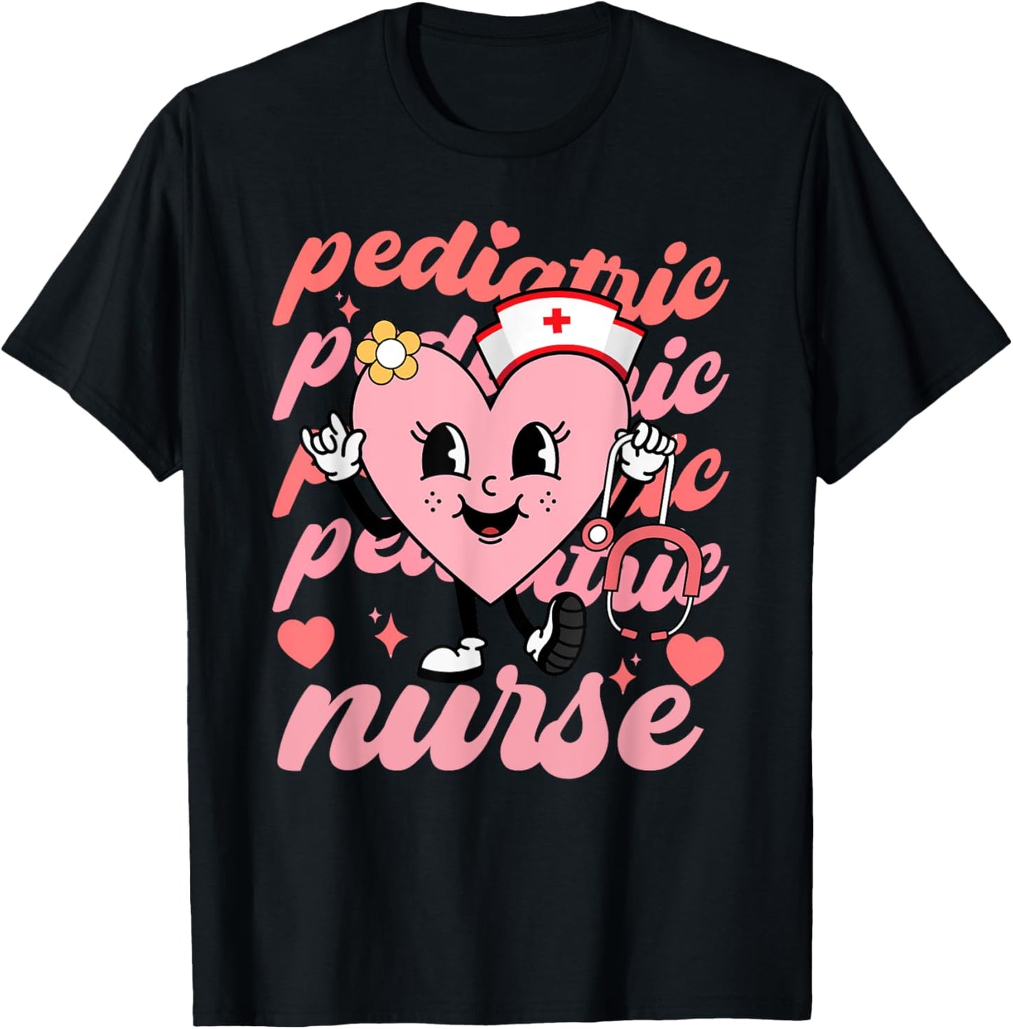 Retro Pediatric Nurse Cute Valentines Day Hearts Stethoscope T-Shirt - T-Shirt | Black