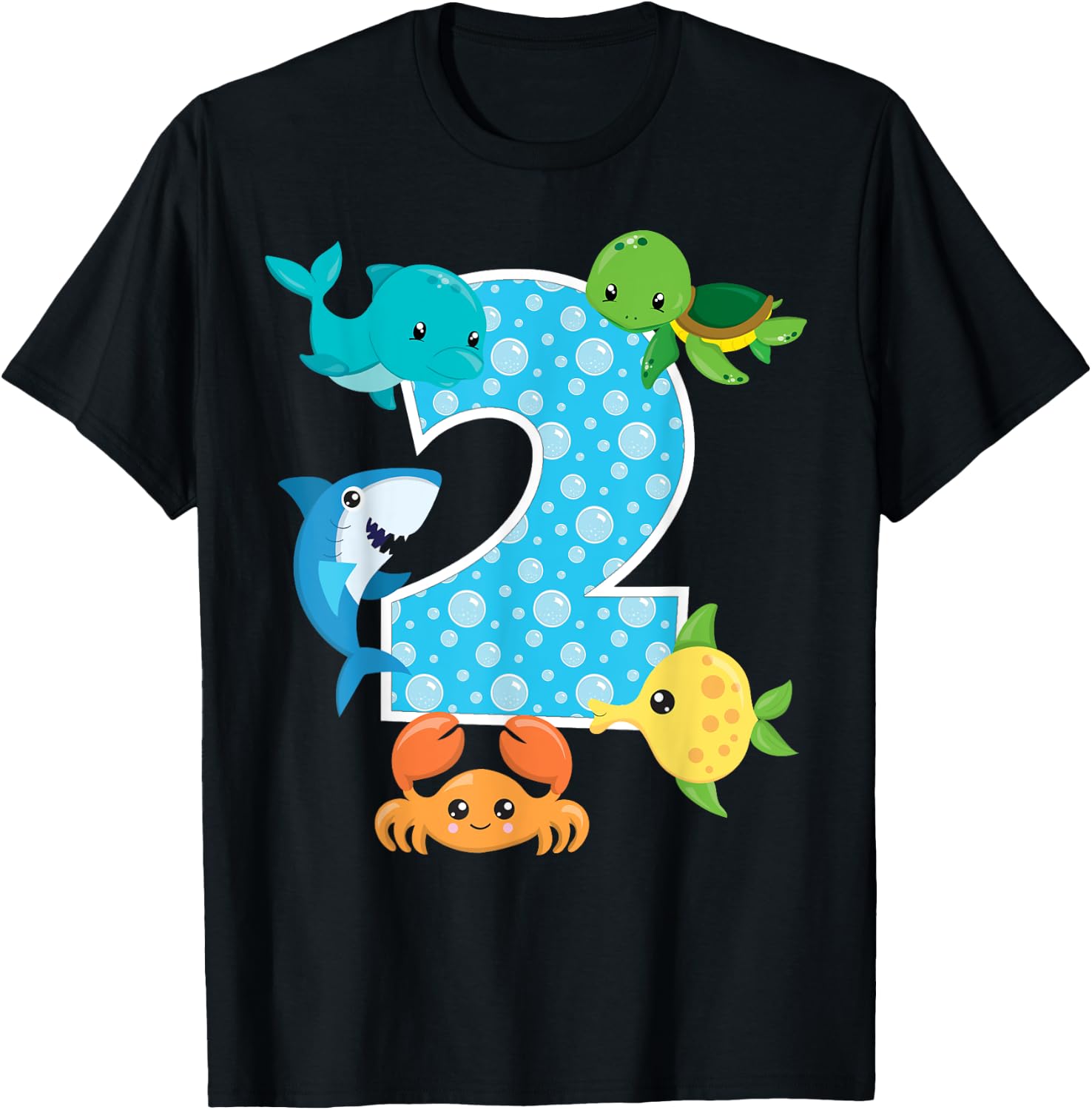 2nd Birthday Party 2 Year Old Sea Fish Aquarium Birthday Boy T-Shirt - T-Shirt | Black