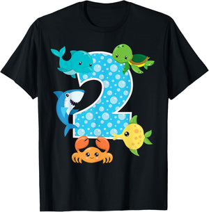 2nd Birthday Party 2 Year Old Sea Fish Aquarium Birthday Boy T-Shirt - T-Shirt | Black