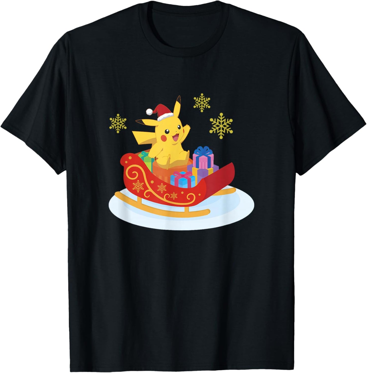 Pokémon Christmas Pikachu Sleigh Ride Snowflake Portrait T-Shirt - T-Shirt | Black