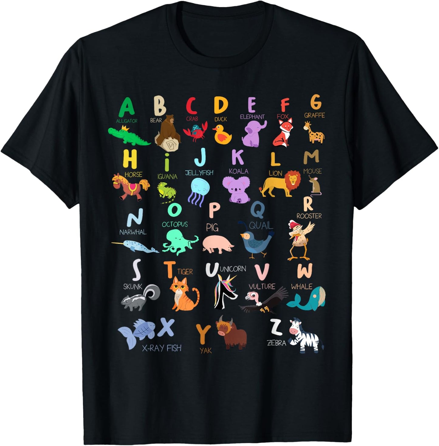 Alphabet Animal ABC Alligator Bear Crab Duck Elephant Fox T-Shirt - T-Shirt | Black