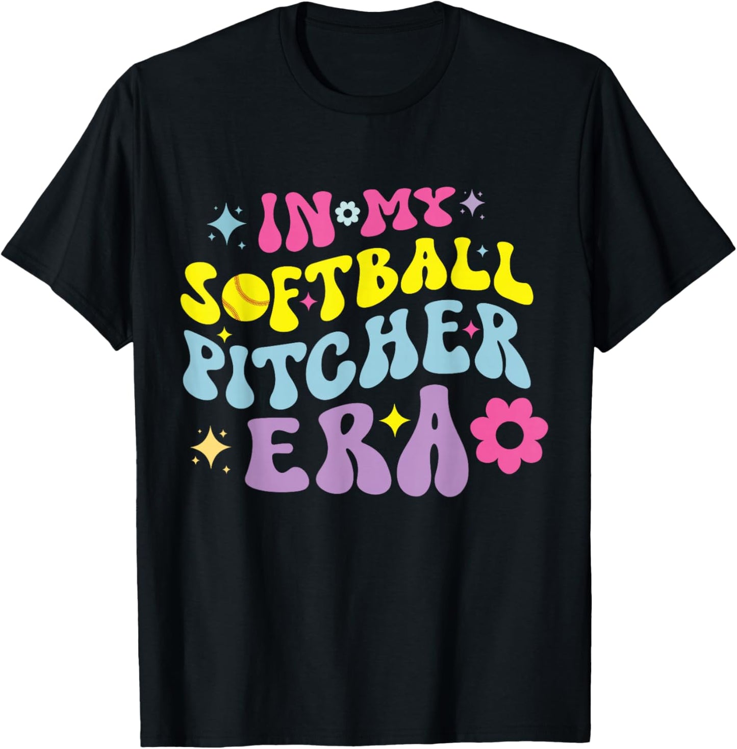 In My Softball Pitcher Era Groovy Fastpitch Girls Game T-Shirt - T-Shirt | Black