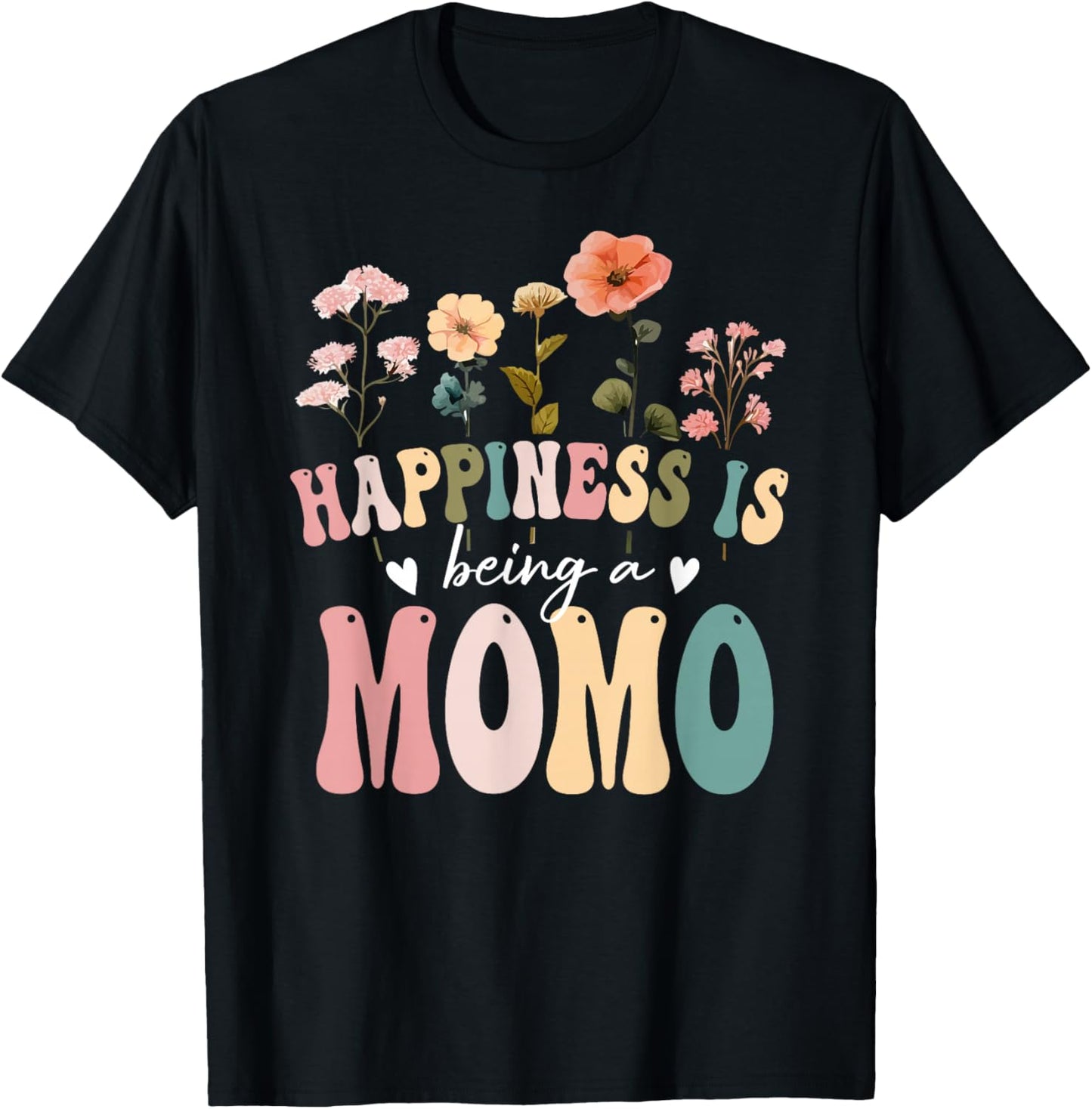 Happiness is Being a Momo Floral Design Momo Mother's Day T-Shirt - T-Shirt | Black
