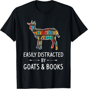 Easily Distracted By Goats & Books Lover Gift Sheep Kid T-Shirt - T-Shirt | Black