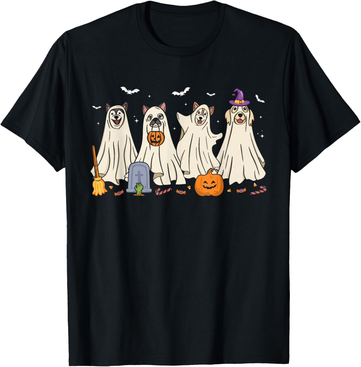 Ghost Dog Halloween Boo Ghosts Dogs Wearing Ghost Costume T-Shirt - T-Shirt | Black