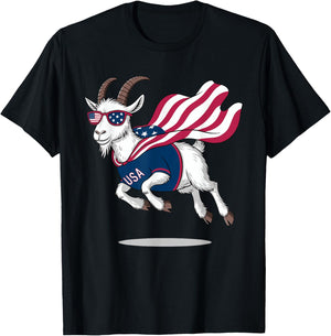 Cool Patriotic Goat in American Flag Cape with Sunglasses T-Shirt - T-Shirt | Black