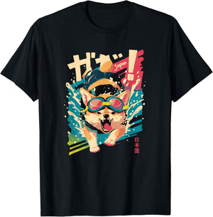Japan Snarling Shiba Inu Anime Swimming Art - Cute Japanese T-Shirt - T-Shirt | Black