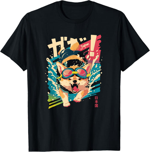 Japan Snarling Shiba Inu Anime Swimming Art - Cute Japanese