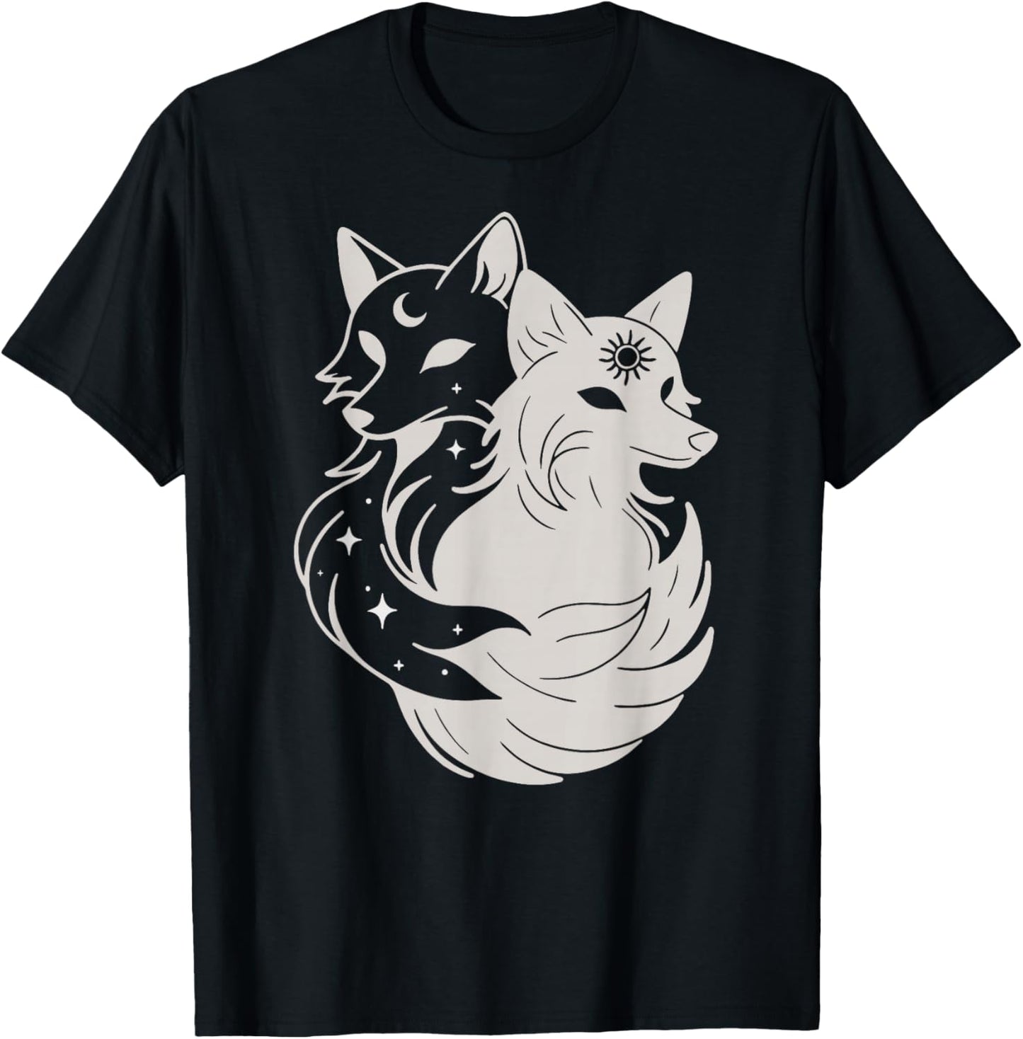 Fox Foxes Sun Stars Night Moon Day Spirit Celestial Sky Alt T-Shirt - T-Shirt | Black
