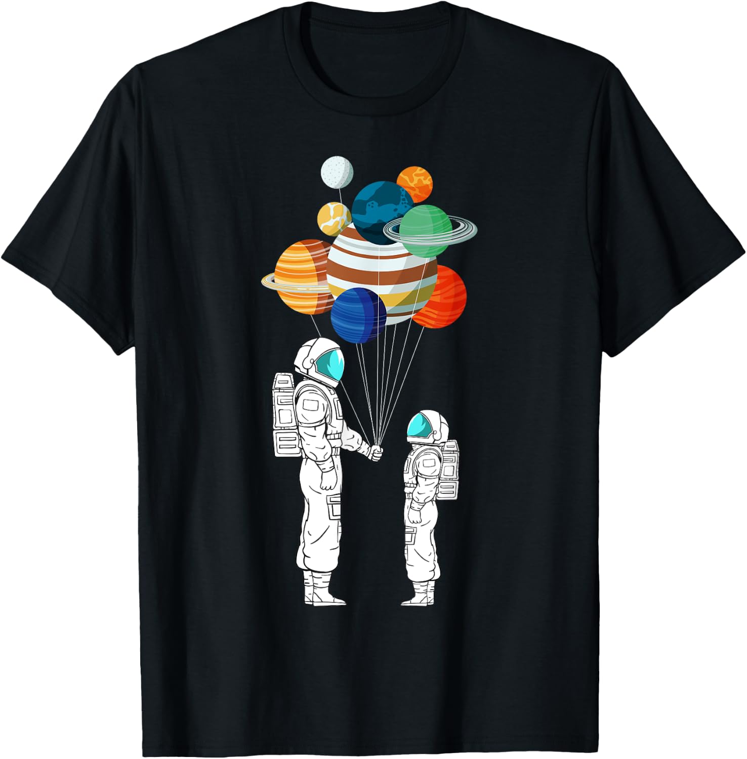 Astronaut Balloon Planets Space Moon Galaxy Stars Spaceship T-Shirt - T-Shirt | Black