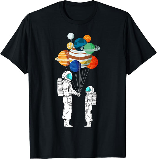 Astronaut Balloon Planets Space Moon Galaxy Stars Spaceship T-Shirt - T-Shirt | Black