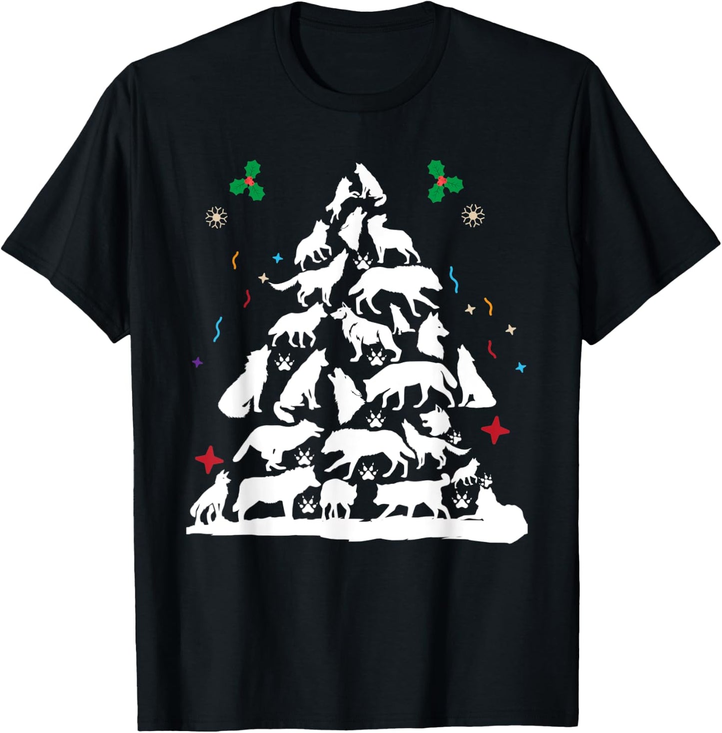 Wolf Christmas Tree Funny Christmas Pajama Animals Lover T-Shirt - T-Shirt | Black