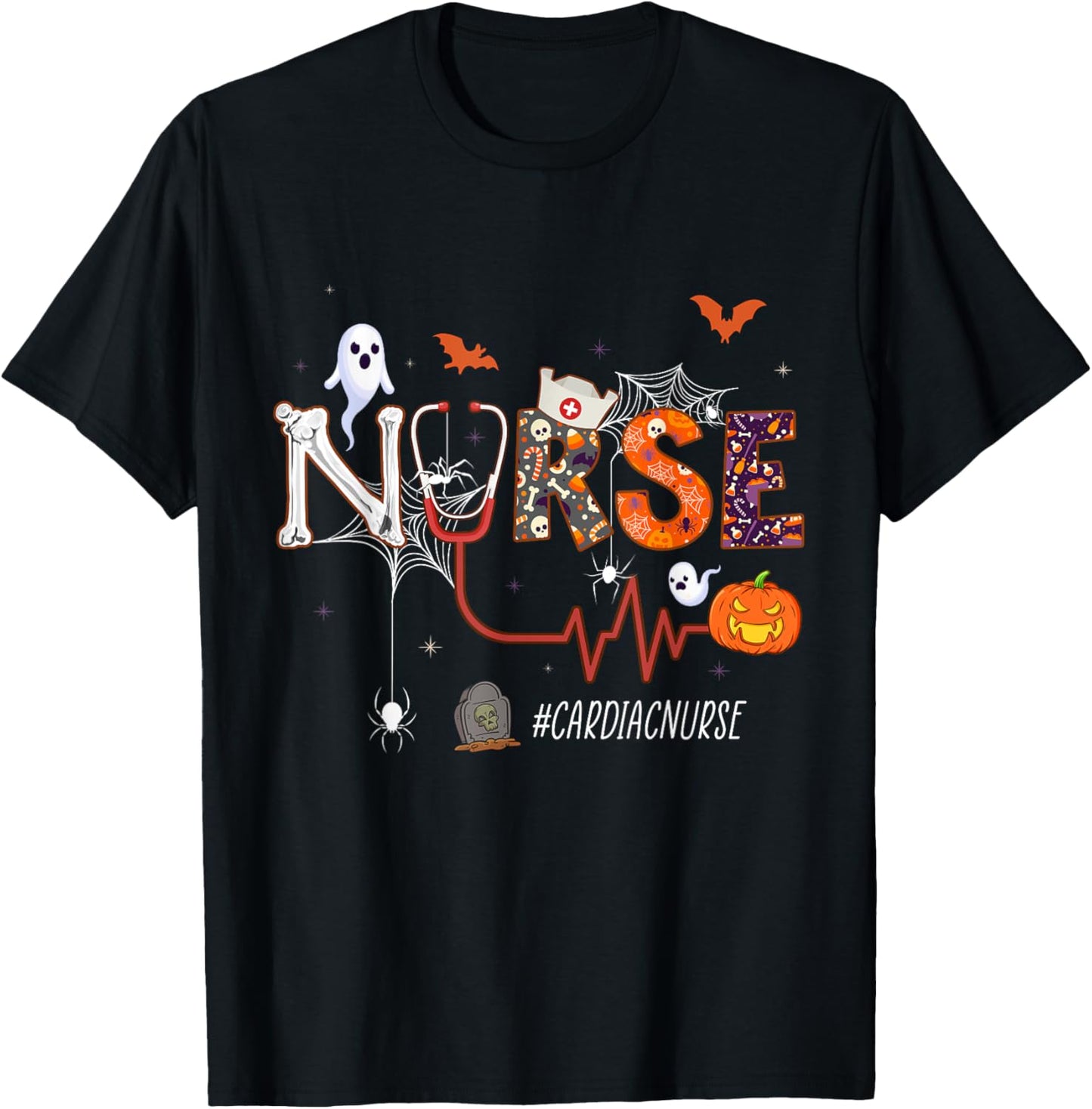 Cardiac Nurse Pumpkin Halloween Nursing T-Shirt - T-Shirt | Black