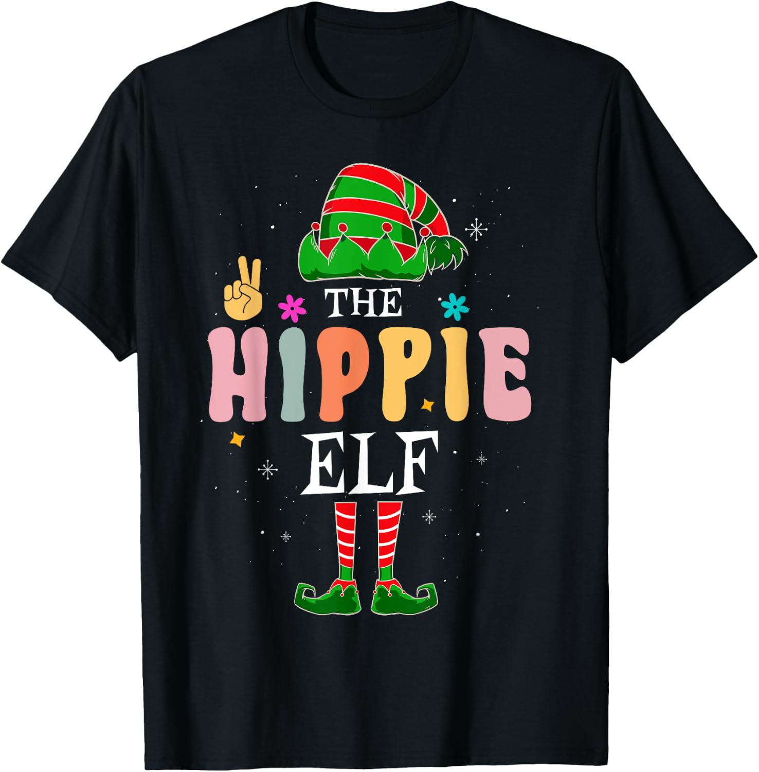 Hippie Elf Group Matching Family Christmas Groovy Retro T-Shirt - T-Shirt | Black