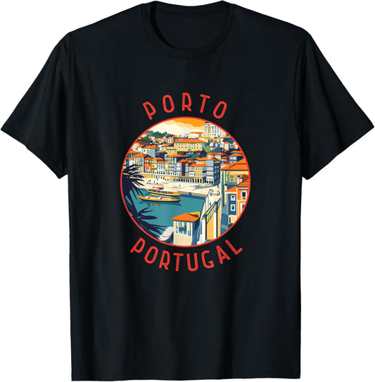 Porto Portugal Retro Distressed Circle T-Shirt - T-Shirt | Black