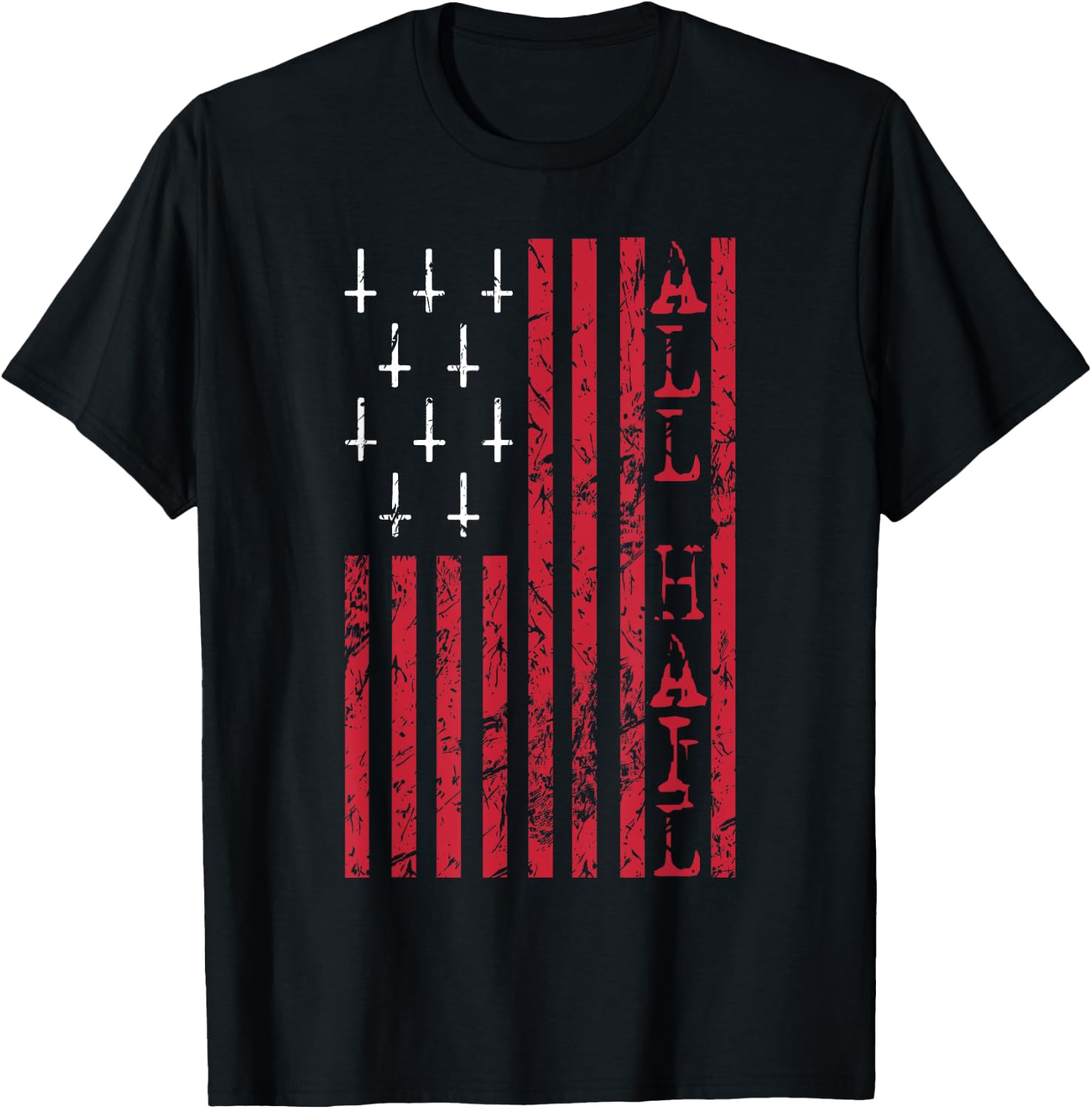 Upside Down Cross Occult American Flag All Hail Satanic T-Shirt - T-Shirt | Black