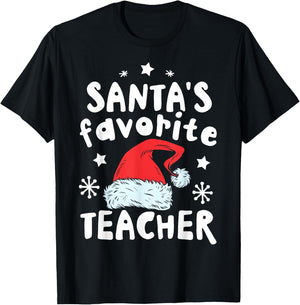 Santa's Favorite Teacher Christmas Women Men Santa Hat Xmas T-Shirt - T-Shirt | Black
