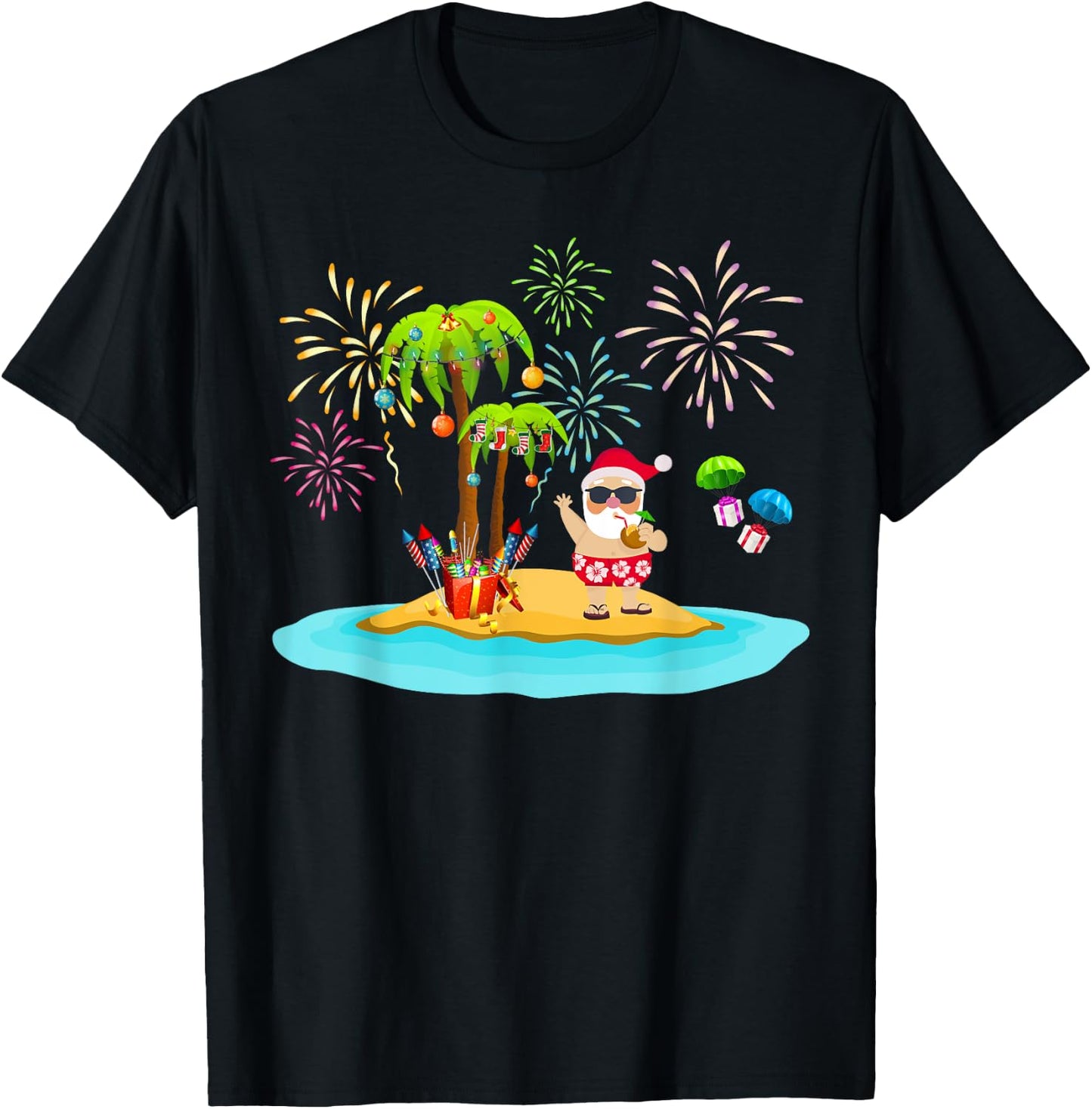 Decorated Christmas Palm Tree Tropical Xmas Coconut Lights T-Shirt - T-Shirt | Black