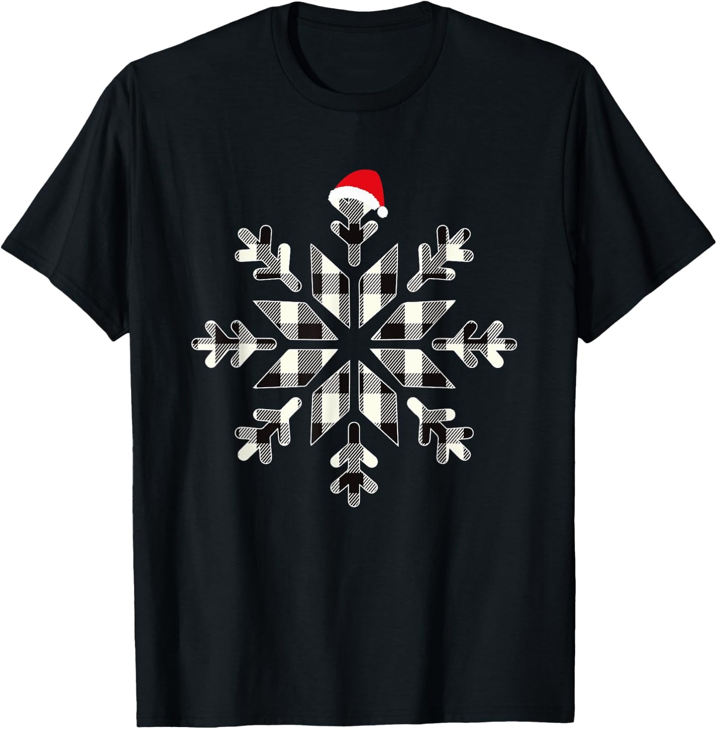 White & Black Christmas Buffalo Plaid Snowflakes Santa hat T-Shirt - T-Shirt | Black