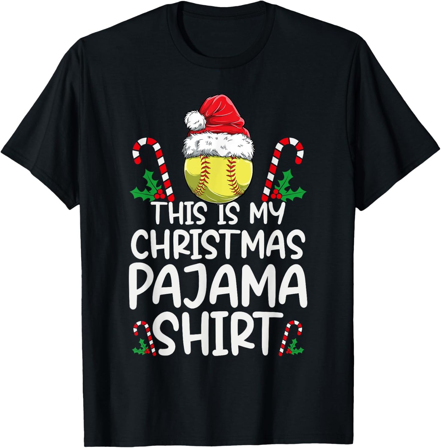 This Is My Christmas Pajama Shirt Softball Santa Hat T-Shirt - T-Shirt | Black