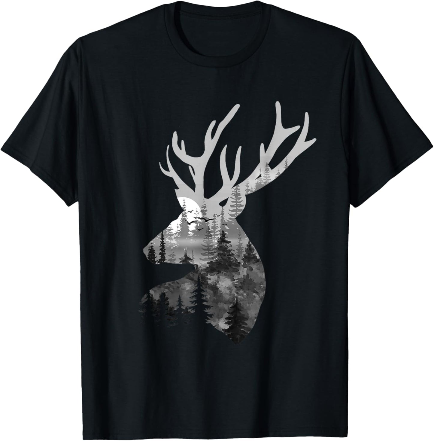 Silhouette Buck Deer Artwork - Forest Wildlife Animal Lover T-Shirt - T-Shirt | Black