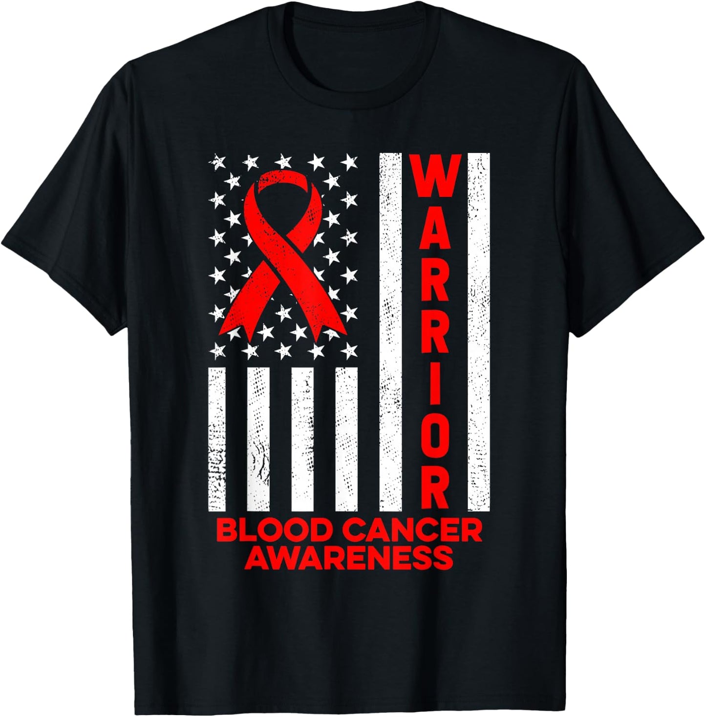 Blood Cancer Awareness Warrior American Flag Red Ribbon T-Shirt - T-Shirt | Black