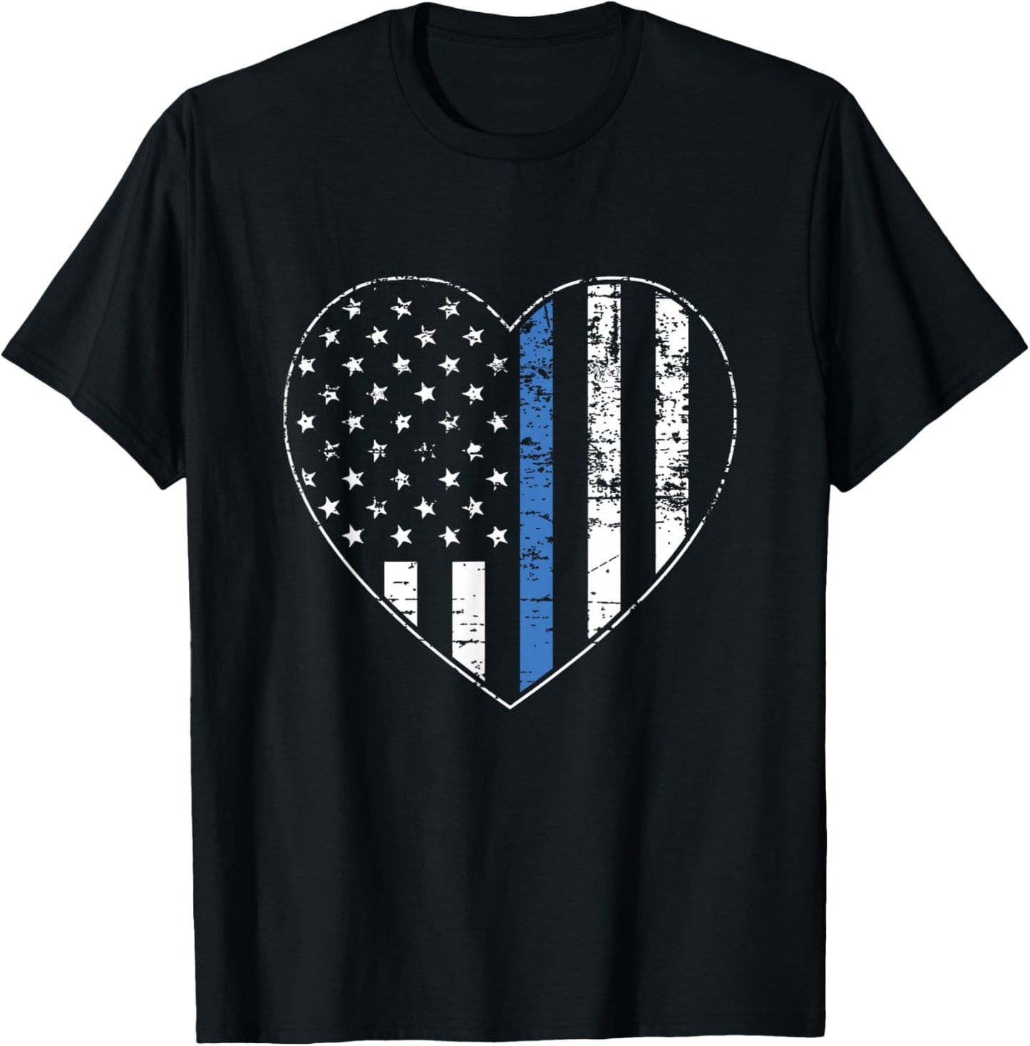 Thin Blue Line American Flag Heart Police Officer Support T-Shirt - T-Shirt | Black