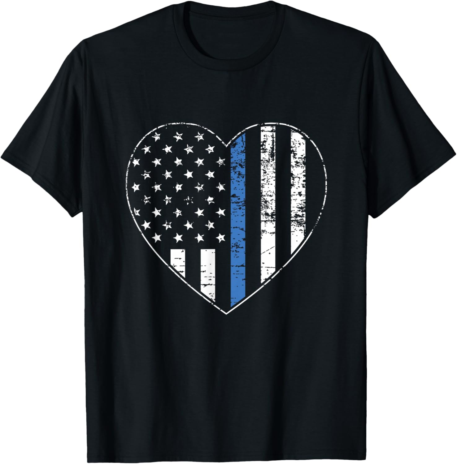 Thin Blue Line American Flag Heart Police Officer Support T-Shirt - T-Shirt | Black