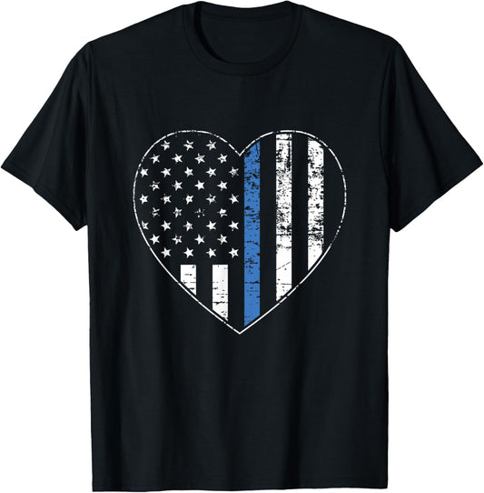 Thin Blue Line American Flag Heart Police Officer Support T-Shirt - T-Shirt | Black