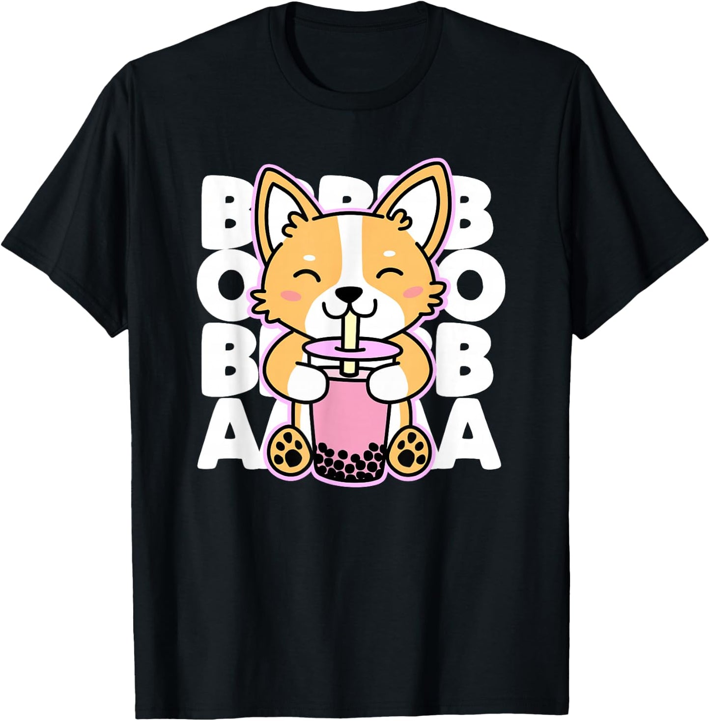 Kawaii Boba Cute Anime Dog Corgi Bubble Tea Drink Dark T-Shirt - T-Shirt | Black