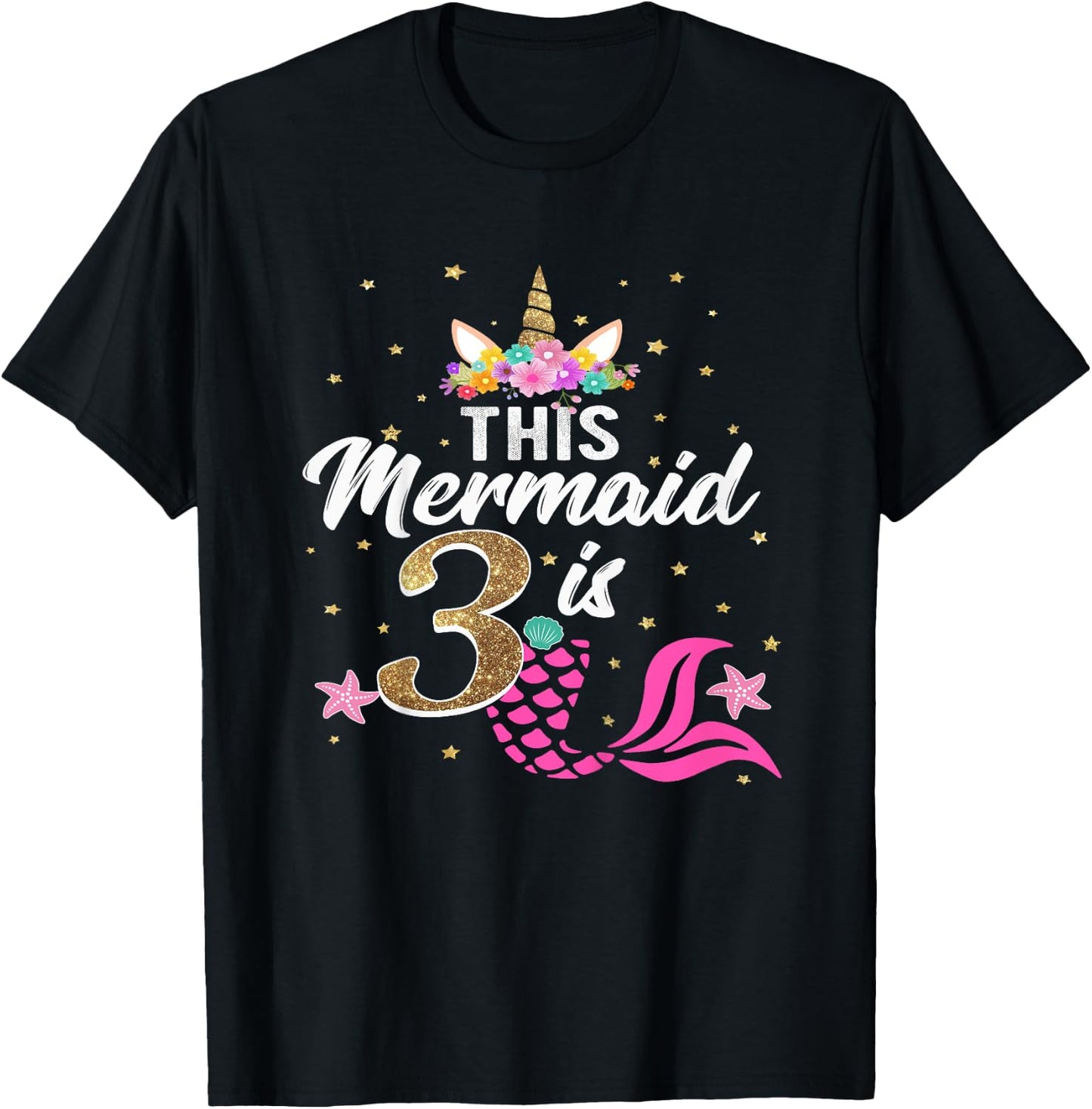 3rd Birthday Girl Unicorn Shirt Mermaid Tail 3 Years Old T-Shirt - T-Shirt | Black