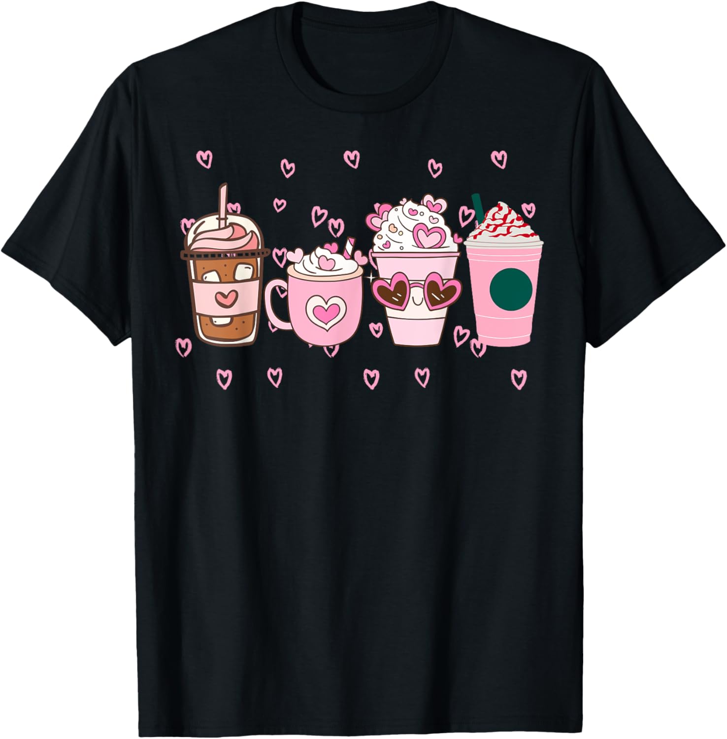 Valentine Coffee, Pink Coffee, Valentine's day, Pink Hearts T-Shirt - T-Shirt | Black
