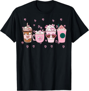 Valentine Coffee, Pink Coffee, Valentine's day, Pink Hearts T-Shirt - T-Shirt | Black