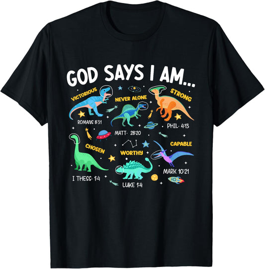 Kids Christian Lovers God Says I Am Space Dinosaur Kids Jesus T-Shirt - T-Shirt | Black