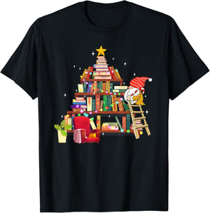 Librarian And Book Lover Christmas Library Tree Lights Gnome T-Shirt - T-Shirt | Black