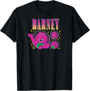 Barney - Purple Dinosaur Character Grid with Gold Stars T-Shirt - T-Shirt | Black