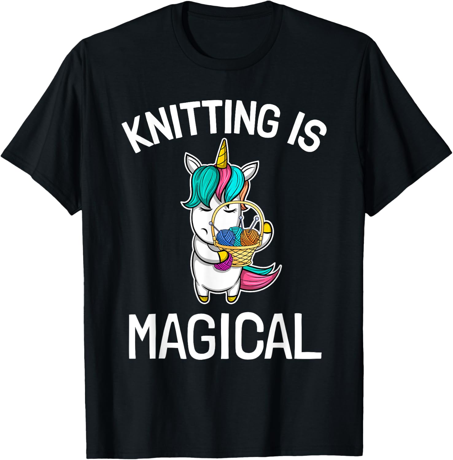 Top Knitting Saying Knitting Needles Hobby Wool Unicorn Magic T-Shirt - T-Shirt | Black