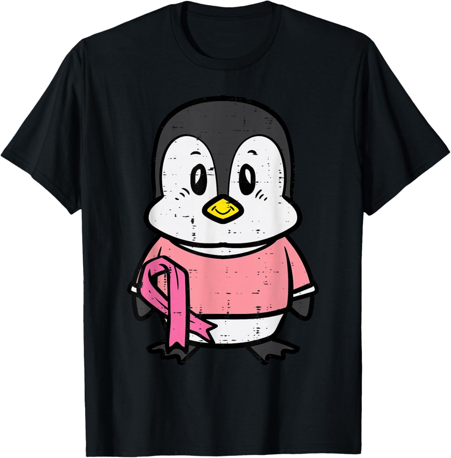 Pink Ribbon Penguin Cute Breast Cancer Awareness Women Kids T-Shirt - T-Shirt | Black