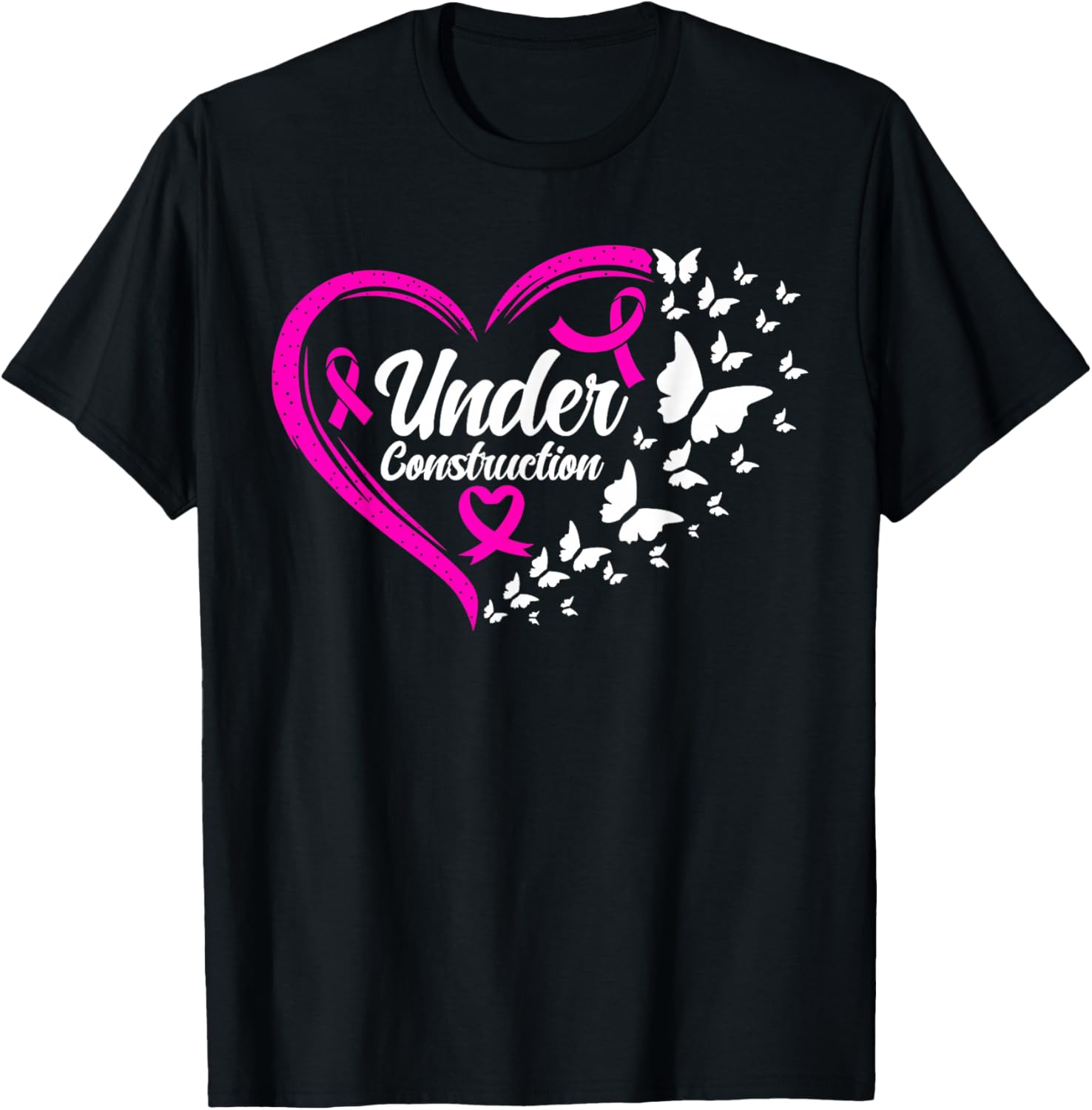 Under Construction Butterfly Pink Breast Cancer Awareness T-Shirt - T-Shirt | Black