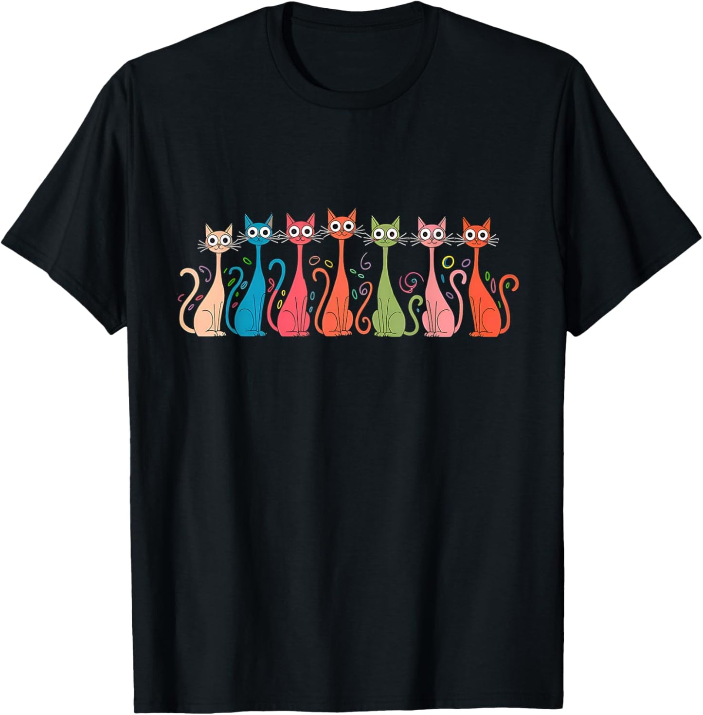 Women Kids Girls Black Small Modern Retro Cartoon Cats 50s 60s Style Mid-Century Modern Art Style T-Shirt - T-Shirt | Black