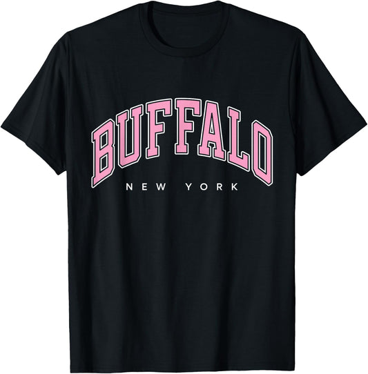 Buffalo New York NY Varsity Style Pink Text T-Shirt - T-Shirt | Black