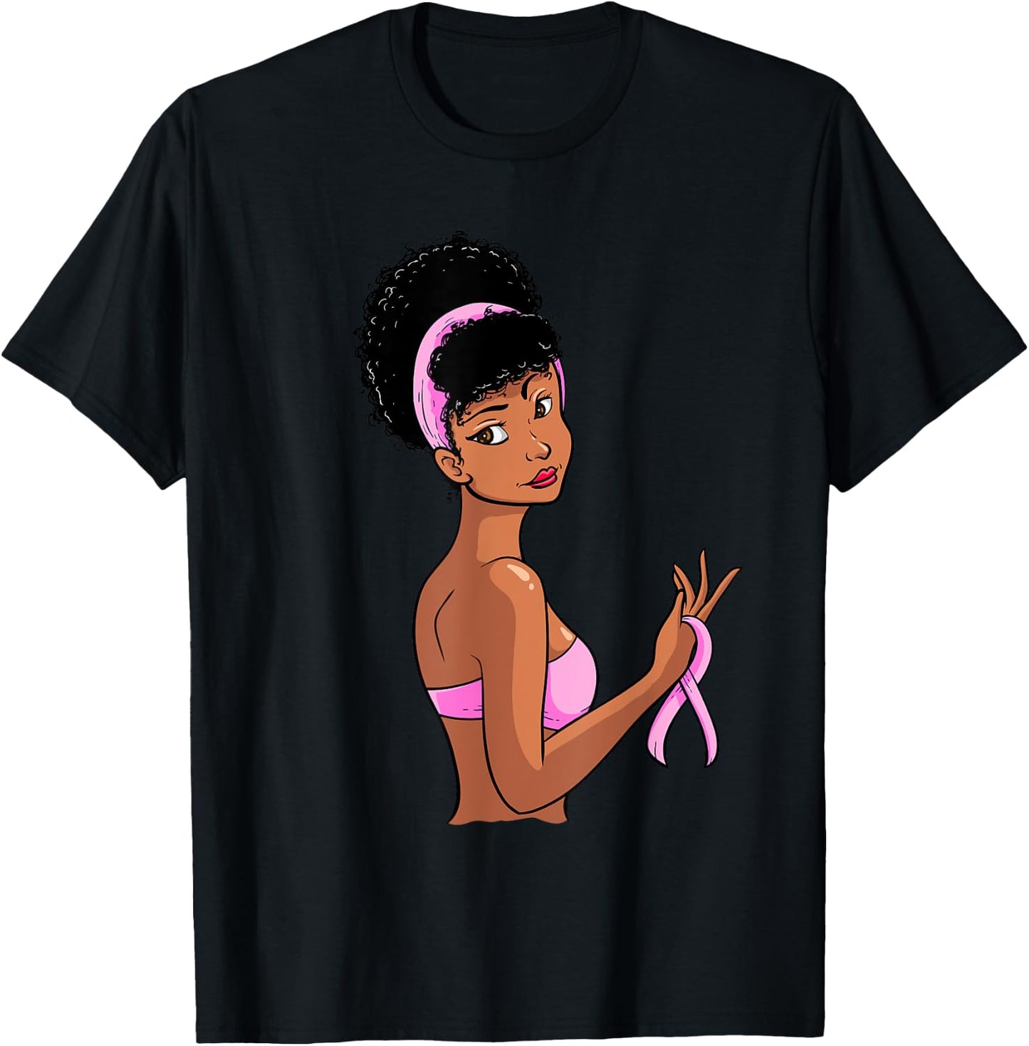 Breast Cancer Awareness Black Afro Women Pink Ribbon Gift T-Shirt - T-Shirt | Black
