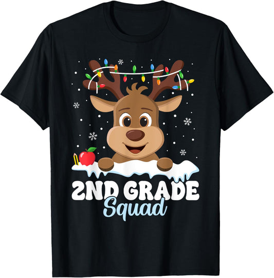 2nd Grade Teacher Christmas Second Grade Squad Reindeer Xmas Women Kids T-Shirt - T-Shirt | Black