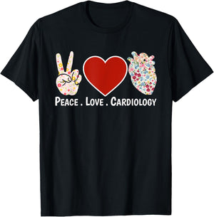 Peace. Love. Cardiology. | Cardiac Nurse Cardiologist Heart T-Shirt - T-Shirt | Black