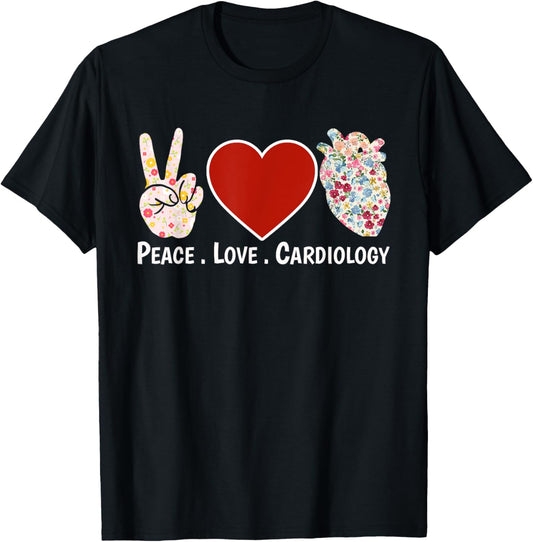 Peace. Love. Cardiology. | Cardiac Nurse Cardiologist Heart T-Shirt - T-Shirt | Black