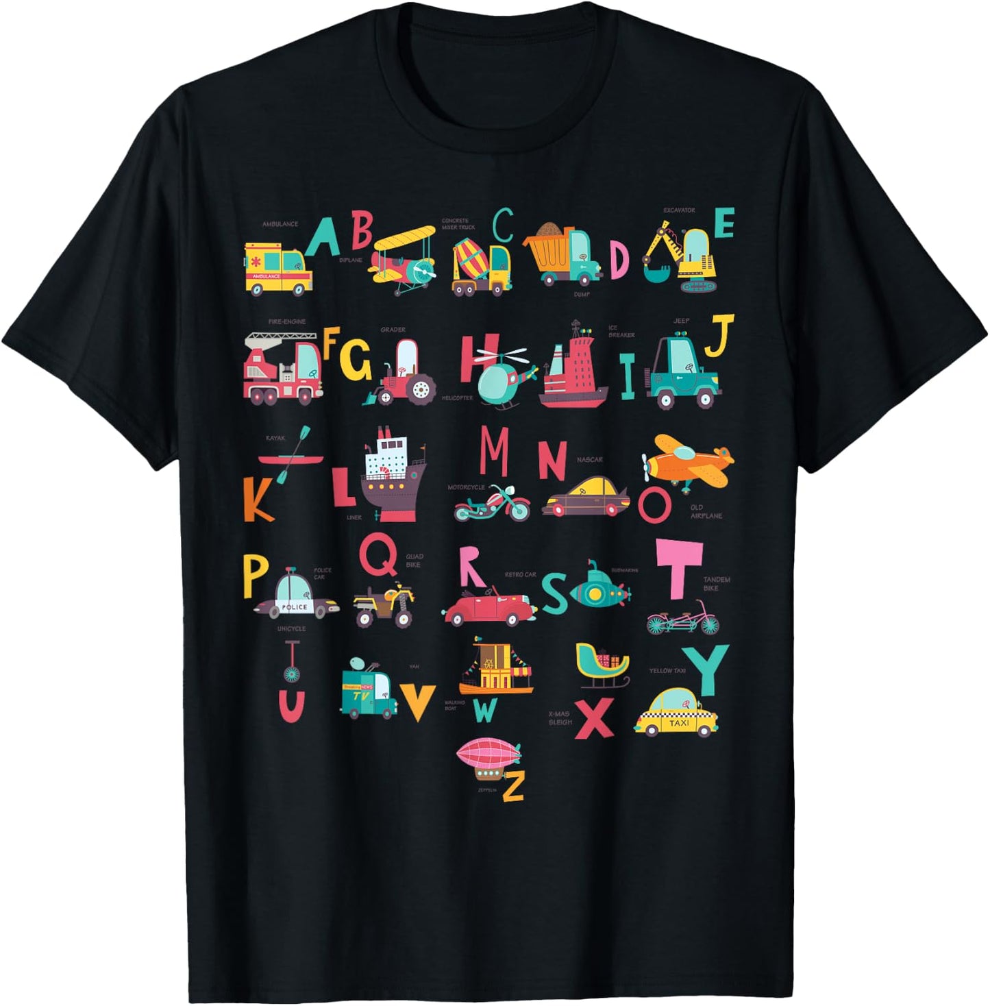 Ambulance Excavator Helicopter Truck Vehicles ABC Toddler T-Shirt - T-Shirt | Black